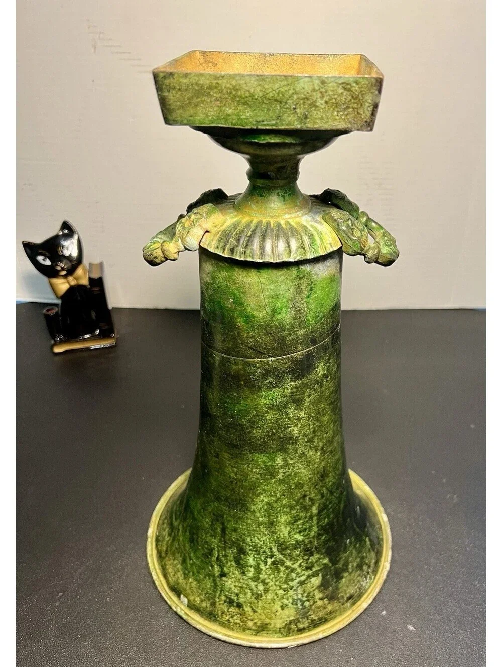 Blue Ridge Design 1980s Brass Enamel Verdigris Trumpet Urn Vase, 8x14”